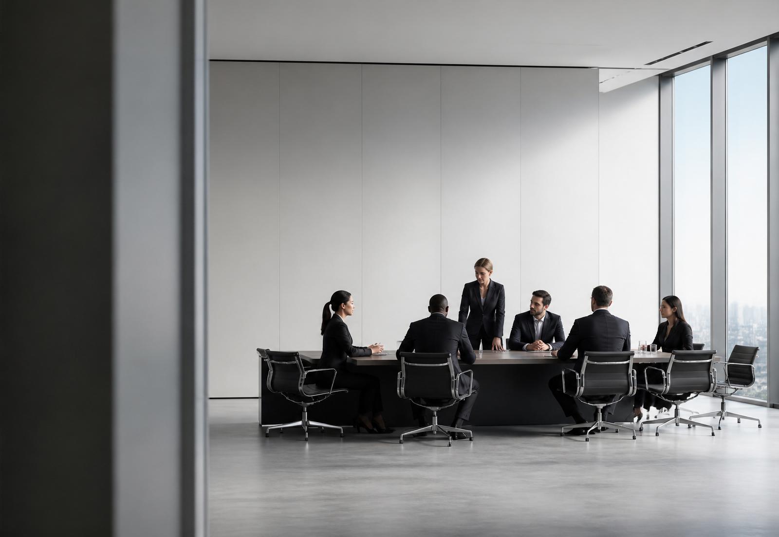 A bright, minimal boardroom — space returned to strategy